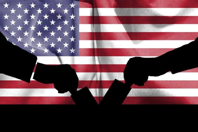 American,Flag,And,Election,Vote,Silhouette,Composition.,Describe,The,2024