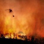 Helicopter fighting forest fire with water bucket.