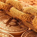 Gold Bitcoin chain with digital numbers overlay.