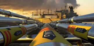 Gas pipelines leading to an industrial ship.