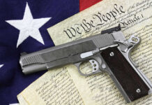 Pistol on Constitution and flag background.