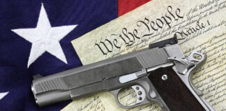 Pistol on Constitution and flag background.