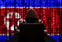 A hooded figure working on a laptop with a digital background featuring North Korean symbols
