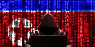 A hooded figure working on a laptop with a digital background featuring North Korean symbols