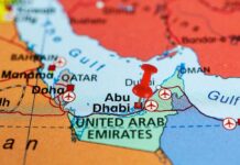 Map highlighting Abu Dhabi with a red pin