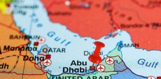 Map highlighting Abu Dhabi with a red pin