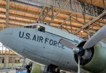 US Air Force plane in a hangar interior