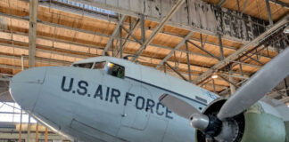 US Air Force plane in a hangar interior