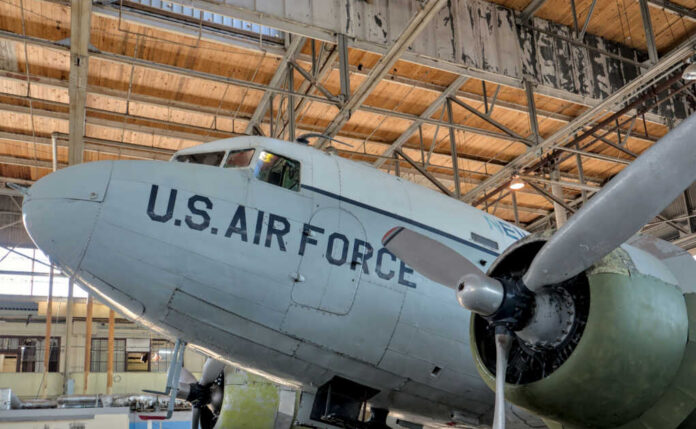 US Air Force plane in a hangar interior