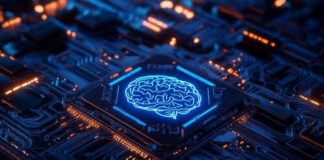Circuit board with glowing brain chip design