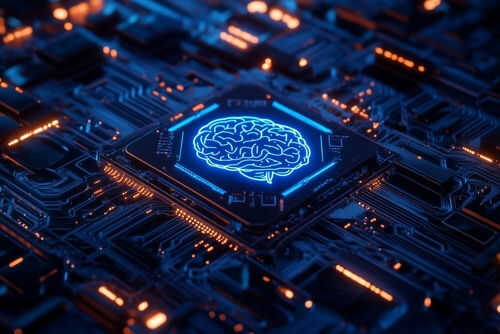 Circuit board with glowing brain chip design
