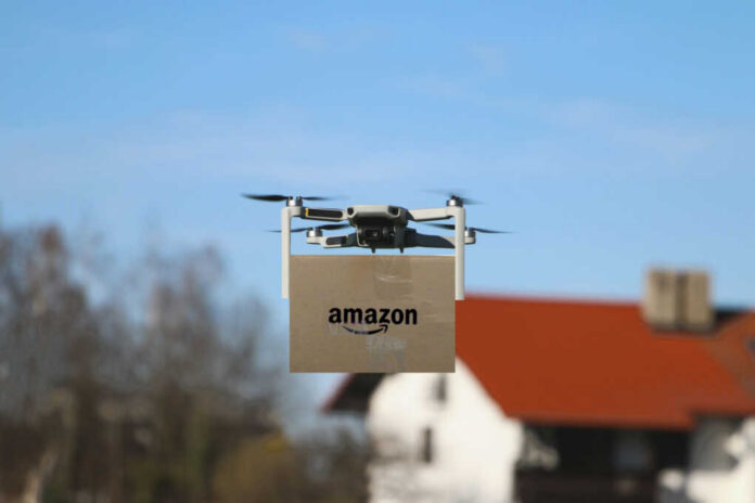 Amazon delivery drone flying with package