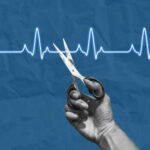 Hand holding scissors near heartbeat line illustration