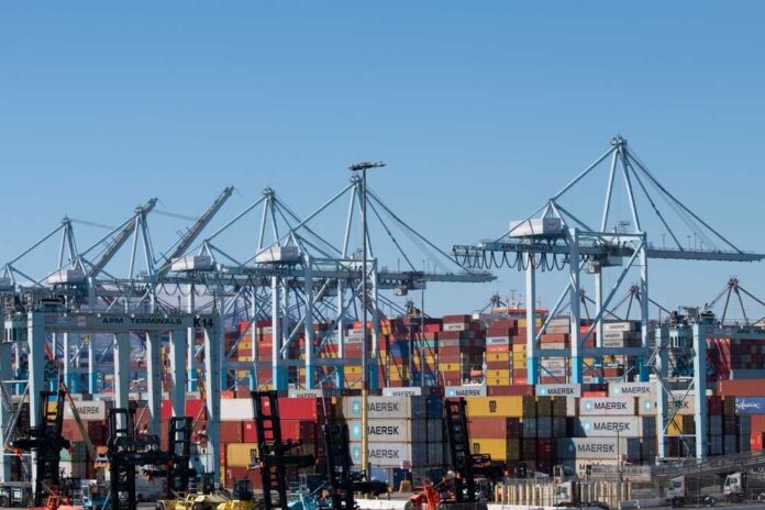 Cranes and shipping containers at a busy port