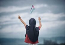 A young person holding a flag against a cloudy sky