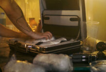 A person packing items into a suitcase in a dimly lit room