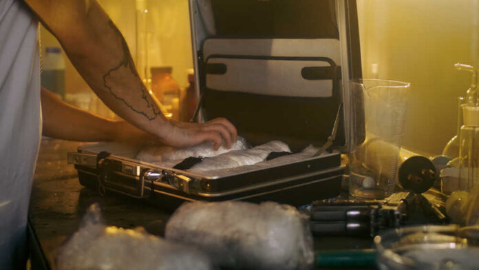 A person packing items into a suitcase in a dimly lit room