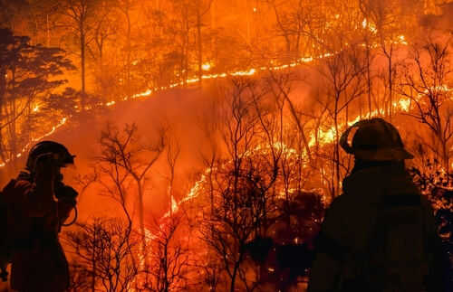 Firefighters observing intense forest wildfire at night