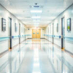 Blurred hospital corridor with doors and lights