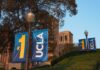 UCLA campus with banners displaying '#1' and 'UCLA' near a historic building