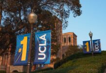 UCLA campus with banners displaying '#1' and 'UCLA' near a historic building
