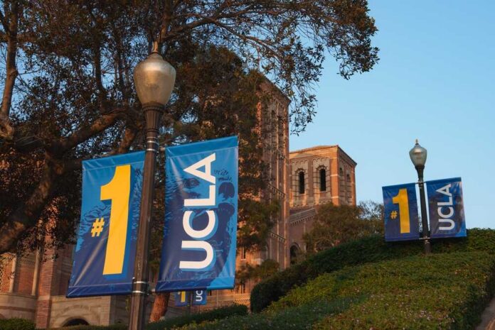 UCLA campus with banners displaying '#1' and 'UCLA' near a historic building