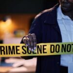 Police officer holding crime scene tape