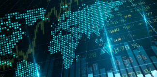 Digital world map with financial data overlay