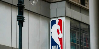 NBA logo sign on a building facade