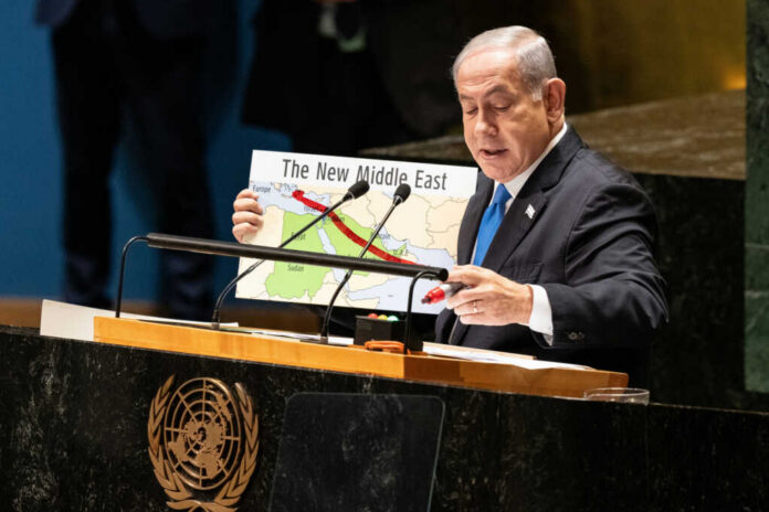 israel-benjamin-netanyahu-speaks2365708577jpg Speaker at UN podium holding a Middle East map