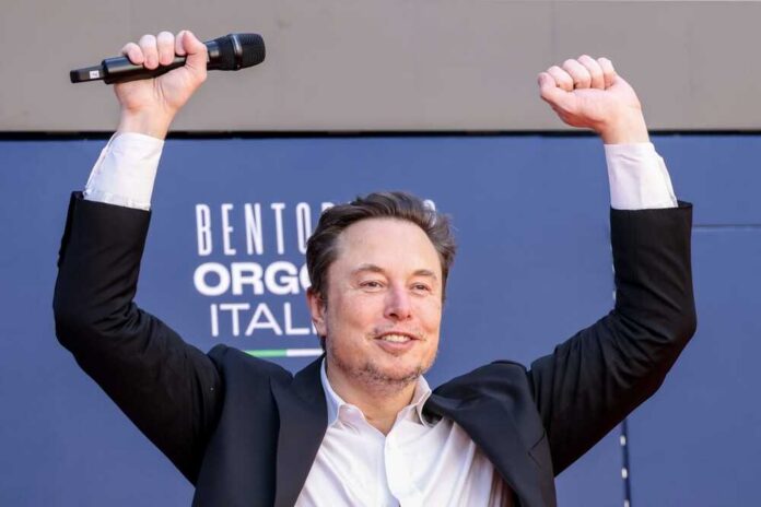 Rome,,Italy,-,December,16,,2023:,Elon,Musk,,Chief,Executive Person with a microphone raising hands in celebration