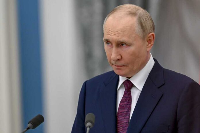 Russian,President,Vladimir,Putin,Made,Statements,At,A,Joint,Press A serious-looking man in a suit during a press conference