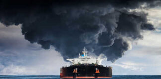 Large ship emitting thick black smoke at sea