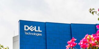 Dell Technologies logo on a blue building facade