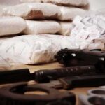 Piles of bagged powder with a handgun on a table