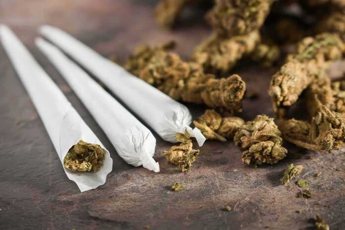 Three cannabis joints beside loose marijuana buds