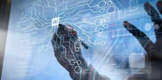 hands interacting with a digital AI interface