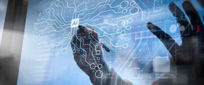 shutterstock_1218220324 hands interacting with a digital AI interface