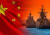 China Slams Shut Military Surplus Chinese flag overlaid on warships at harbor during sunset