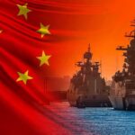 China Slams Shut Military Surplus Chinese flag overlaid on warships at harbor during sunset