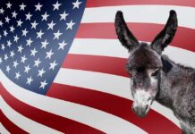 Democrats’ Left Flank Surges—Old Guard Shaken Donkey in front of an American flag