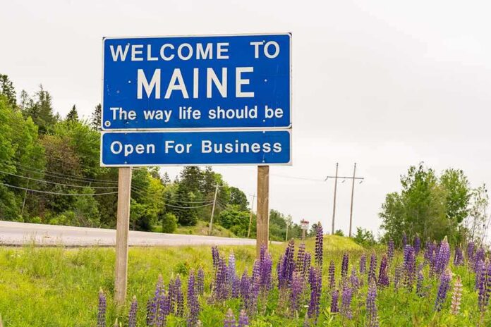 shutterstock_1850852599 Welcome to Maine roadside sign with wildflowers