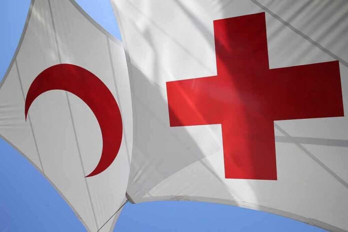 Red Cross and Red Crescent flags against blue sky