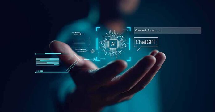 shutterstock_2253228203 Hand holding a glowing AI interface with chat and code elements