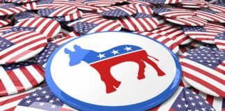 Democratic donkey symbol on a campaign button