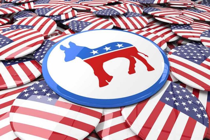 Democratic donkey symbol on a campaign button