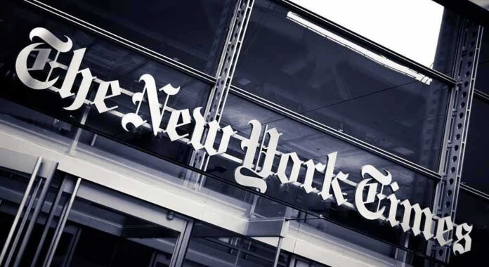 shutterstock_1239948853 The New York Times sign on a glass building facade