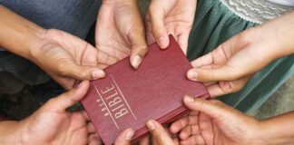 Multiple hands holding a red Bible