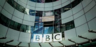 BBC headquarters entrance with curved glass facade