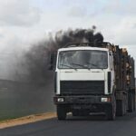 Rest-Stop Bloodbath – Stabbed Seventeen Times Log truck emits black exhaust on rural road